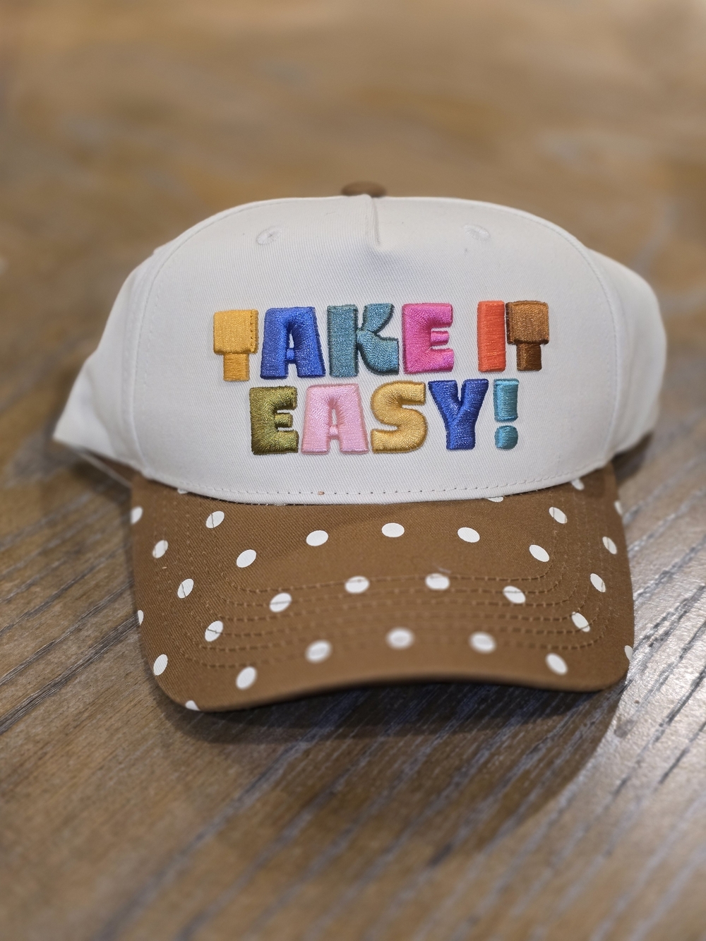 Take It Easy Polka Dot Visor Cap in White and Brown